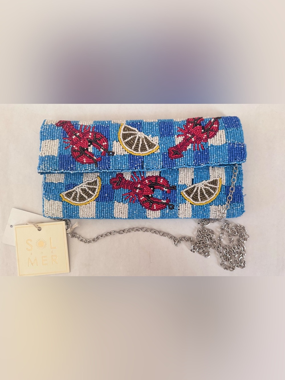 Beaded Lobster & Lemon Blue and White Gingham Clutch or Crossbody Bag